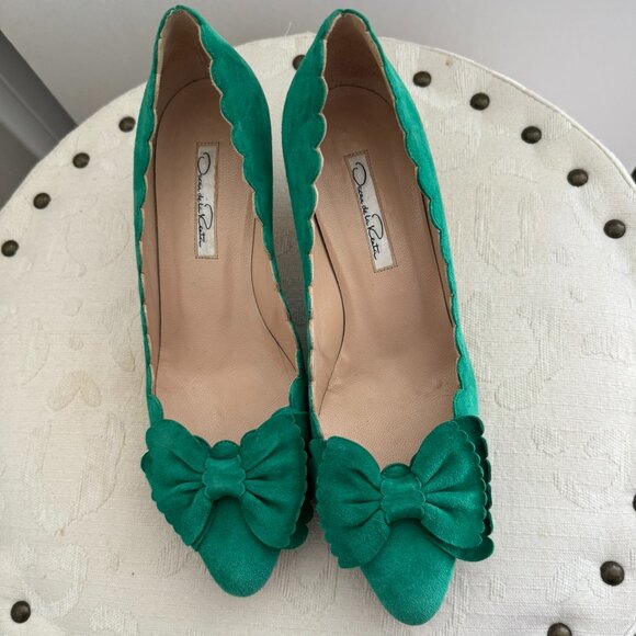 OSCAR De La RENTA Scala Scalloped Suede Green Shoes Pumps w Bow Kitten Heel 37 - Picture 2 of 7